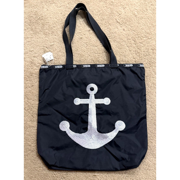 Lesportsac Tote Bag Sequin Anchor Zip Closure Inside Zip Pocket Black - Picture 1 of 8